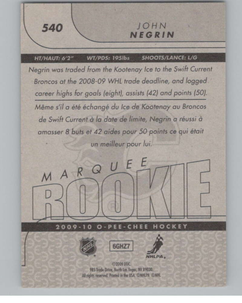 2009-10 O-Pee-Chee #540 John Negrin  RC Rookie Calgary Flames  V102468 Image 2