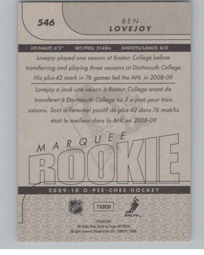 2009-10 O-Pee-Chee #546 Ben Lovejoy  RC Rookie Pittsburgh Penguins  V102470 Image 2