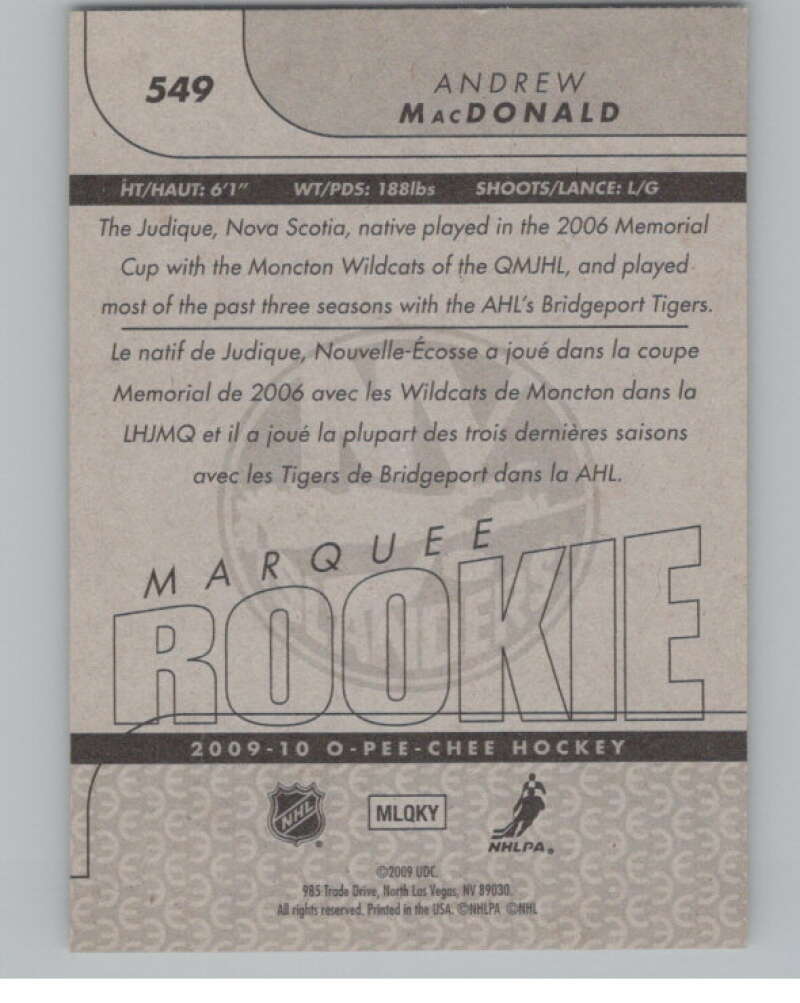 2009-10 O-Pee-Chee #549 Andrew MacDonald RC Rookie Islanders  V102471 Image 2
