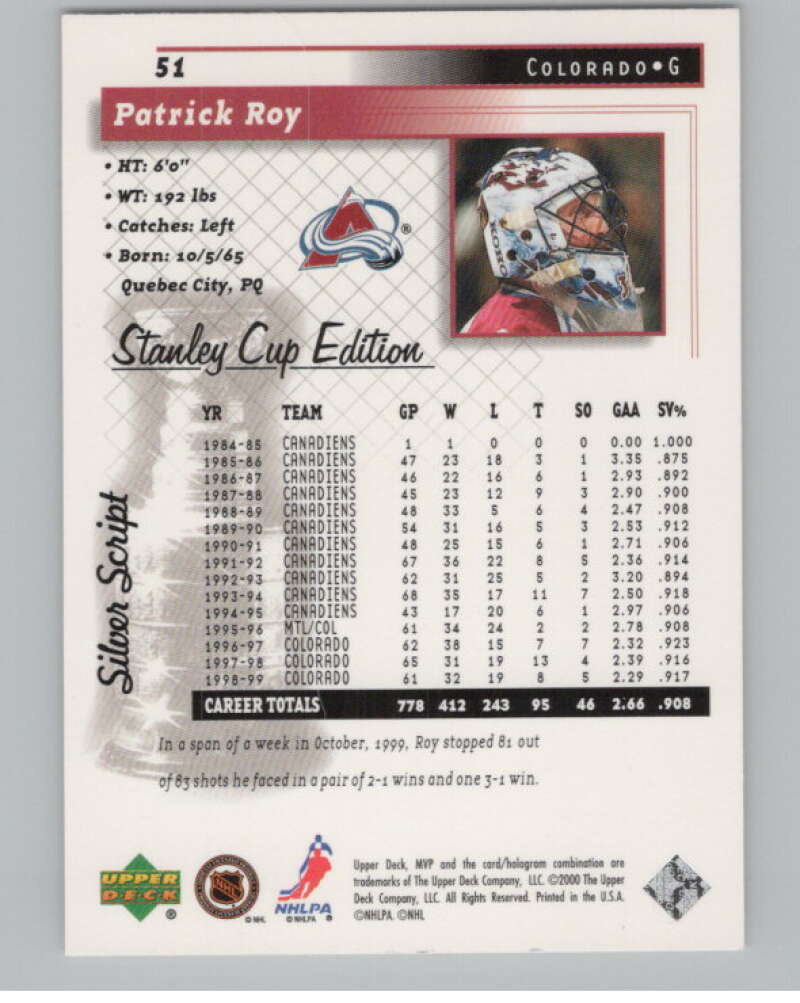 1999-00 Upper Deck MVP SC Edition Silver Script #51 Patrick Roy   V102485 Image 2