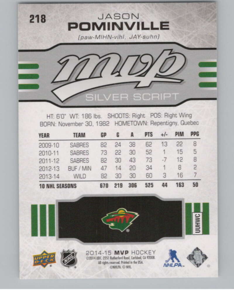 2014-15 Upper Deck MVP Silver Script #218 Jason Pominville  SP Wild  V102487 Image 2