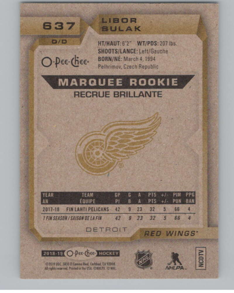 2018-19 O-Pee-Chee #637 Libor Sulak  RC Rookie Detroit Red Wings  V102527 Image 2