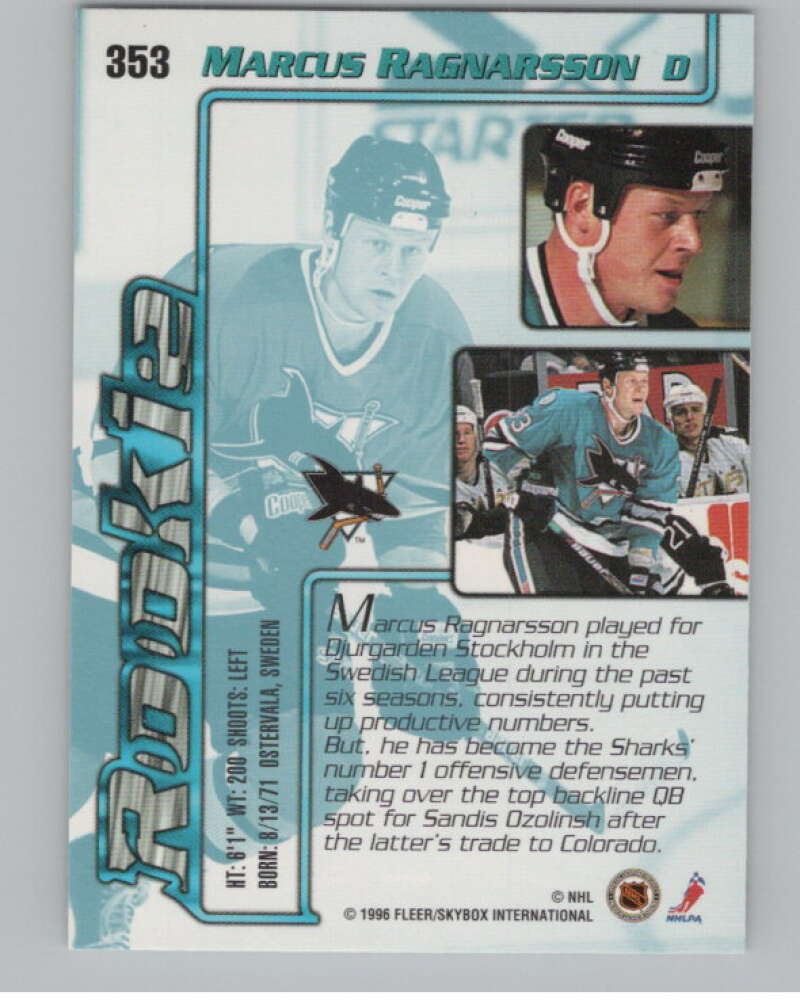 1995-96 Fleer Ultra #353 Marcus Ragnarsson  RC Rookie San Jose Sharks  V102538 Image 2