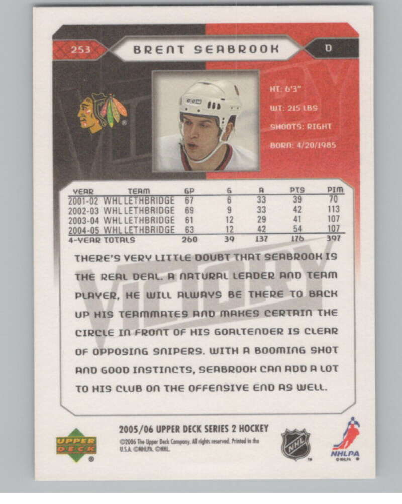 2005-06 Upper Deck Victory #253 Brent Seabrook RC Rookie Blackhawks  V102545 Image 2