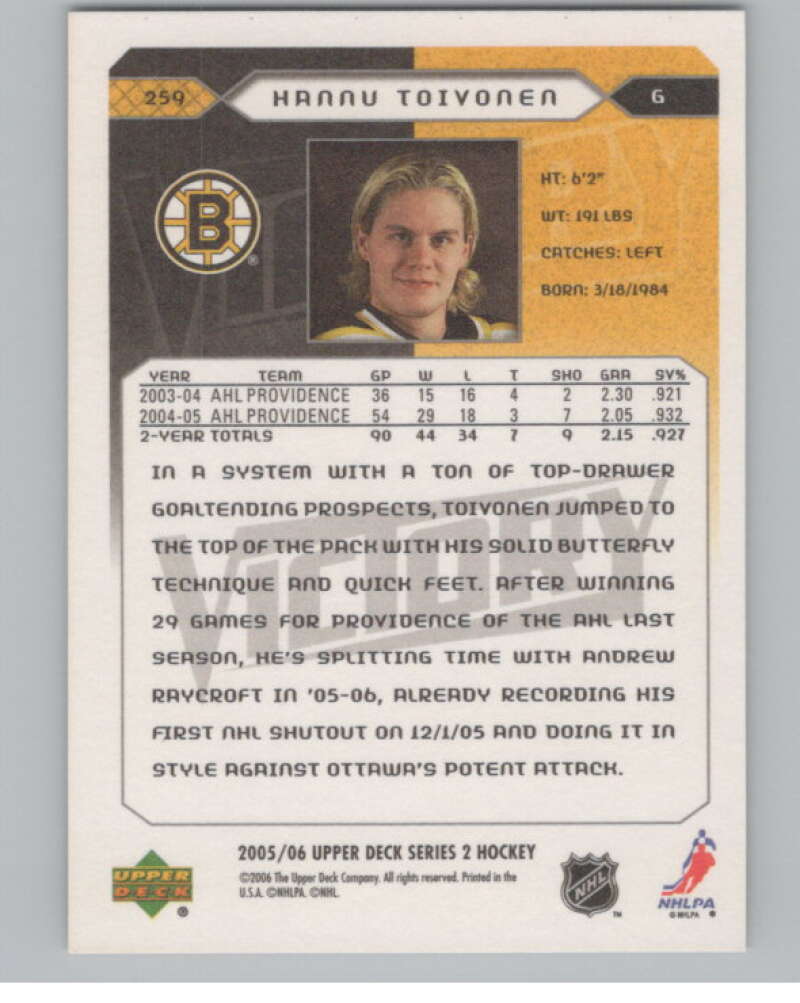 2005-06 Upper Deck Victory #259 Hannu Toivonen  RC Rookie Boston Bruins  V102550 Image 2
