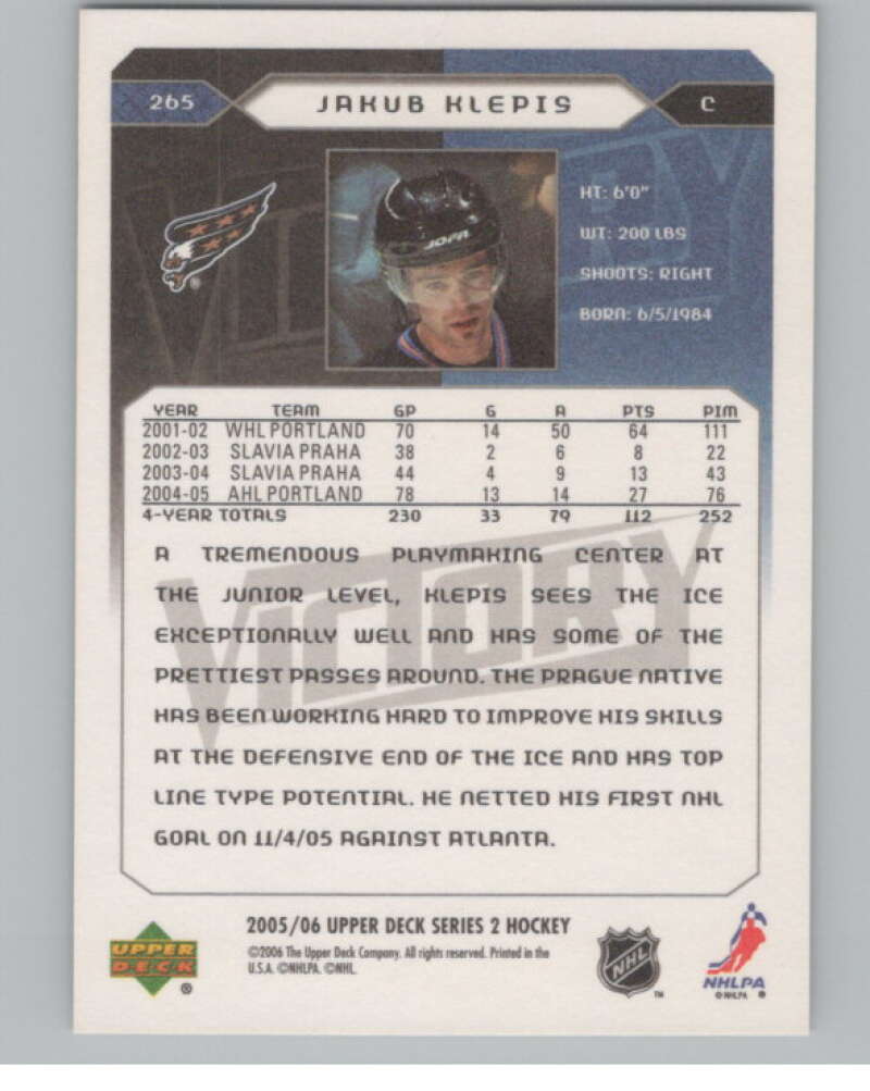 2005-06 Upper Deck Victory #265 Jakub Klepis RC Rookie Washington  V102558 Image 2