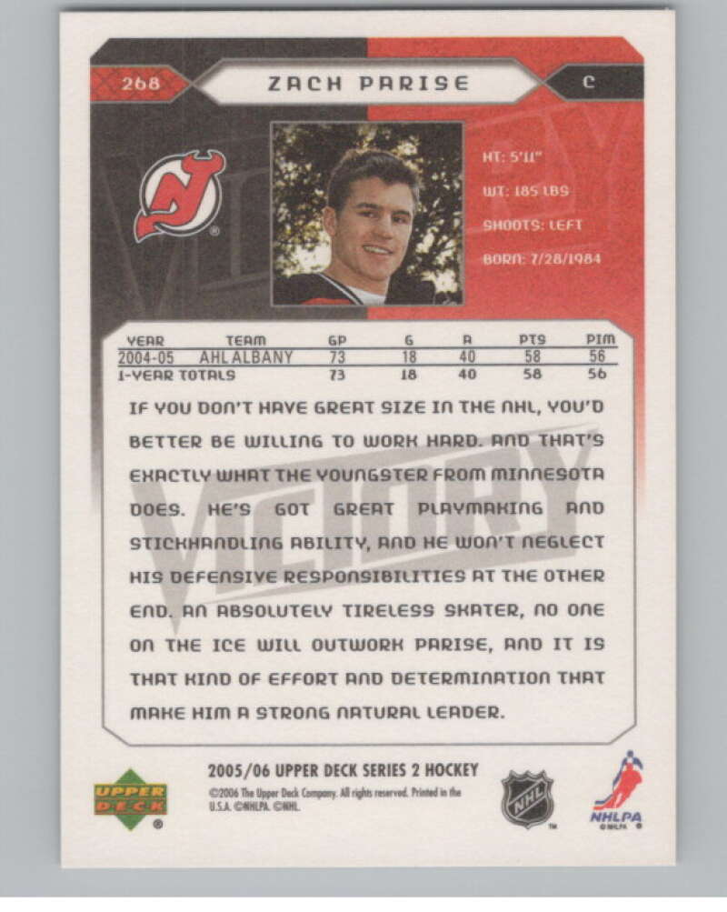 2005-06 Upper Deck Victory #268 Zach Parise  RC Rookie New Jersey Devils  V102559 Image 2