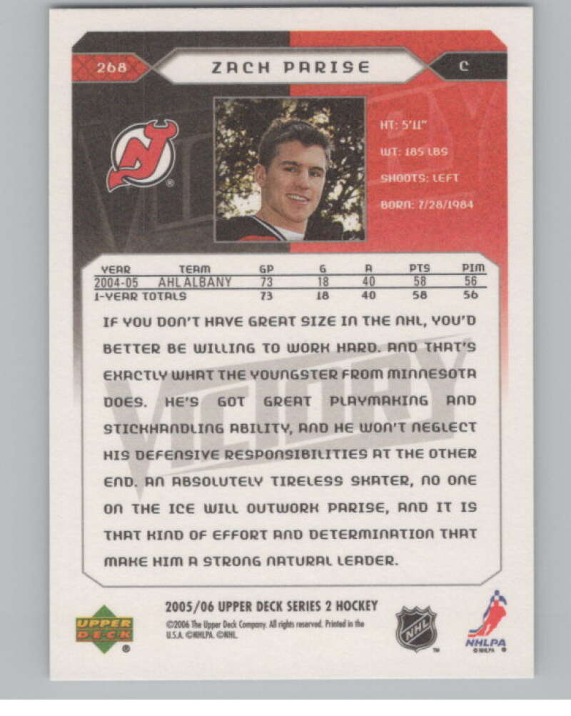 2005-06 Upper Deck Victory #268 Zach Parise  RC Rookie New Jersey Devils  V102560 Image 2