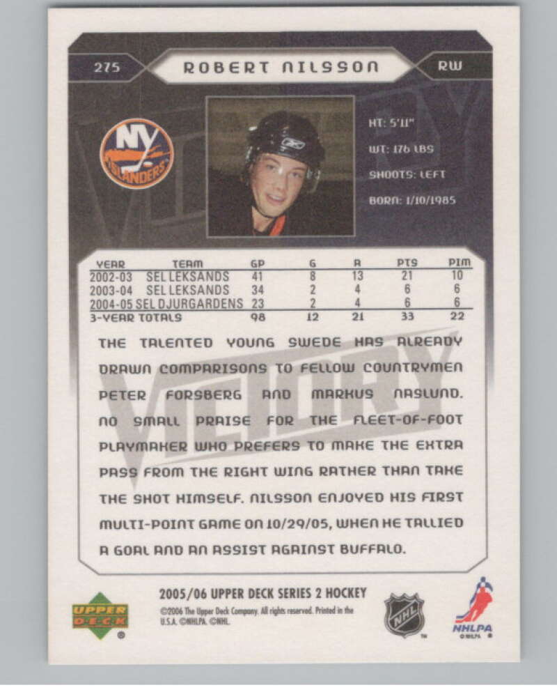 2005-06 Upper Deck Victory #275 Robert Nilsson RC Rookie Islanders  V102565 Image 2