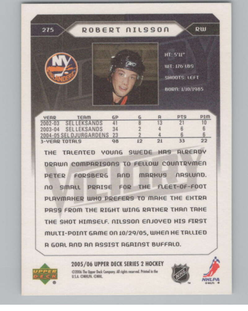 2005-06 Upper Deck Victory #275 Robert Nilsson RC Rookie Islanders  V102566 Image 2