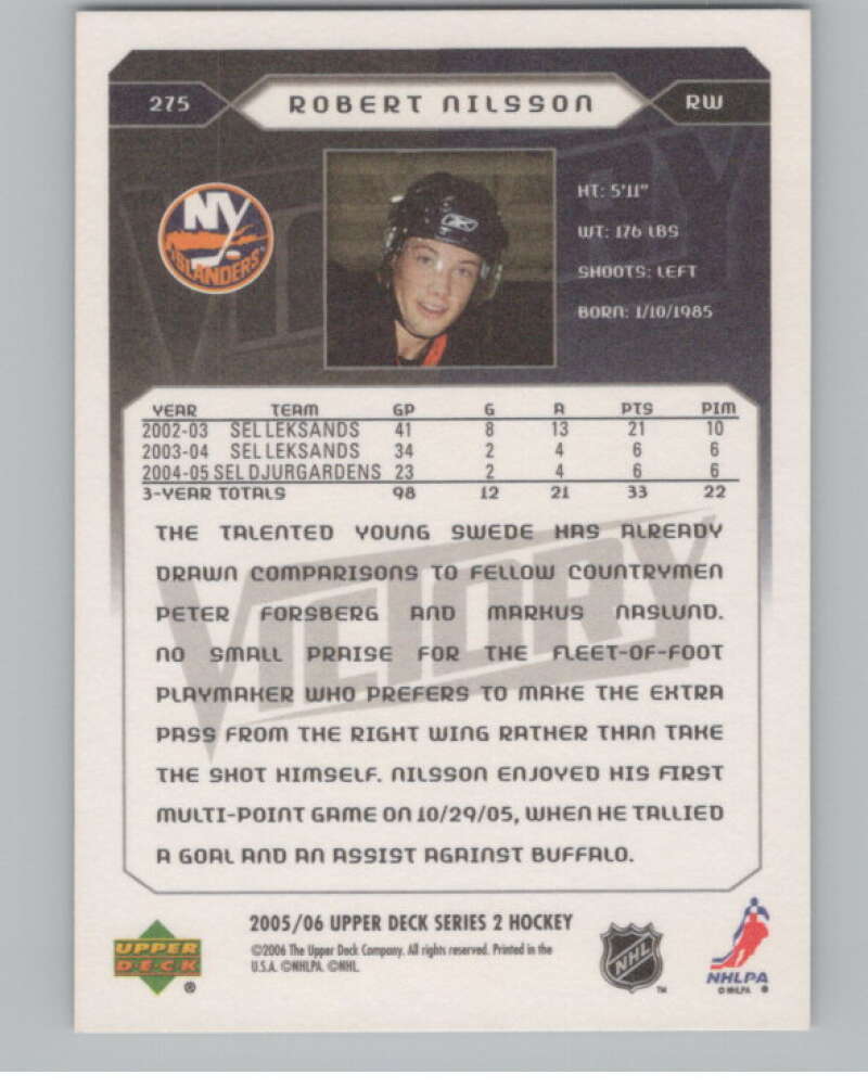 2005-06 Upper Deck Victory #275 Robert Nilsson RC Rookie Islanders  V102567 Image 2
