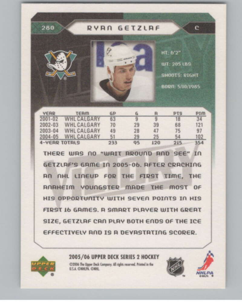 2005-06 Upper Deck Victory #280 Ryan Getzlaf  RC Rookie Anaheim Ducks  V102570 Image 2