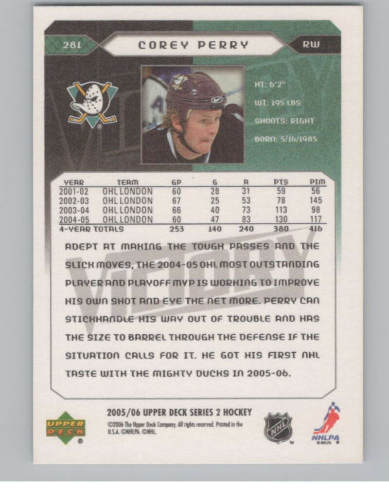 2005-06 Upper Deck Victory #281 Corey Perry  RC Rookie Anaheim Ducks  V102573 Image 2