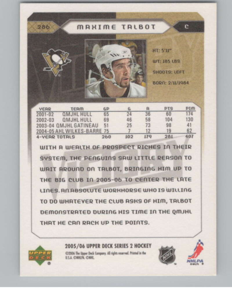 2005-06 Upper Deck Victory #286 Maxime Talbot RC Rookie Penguins  V102580 Image 2