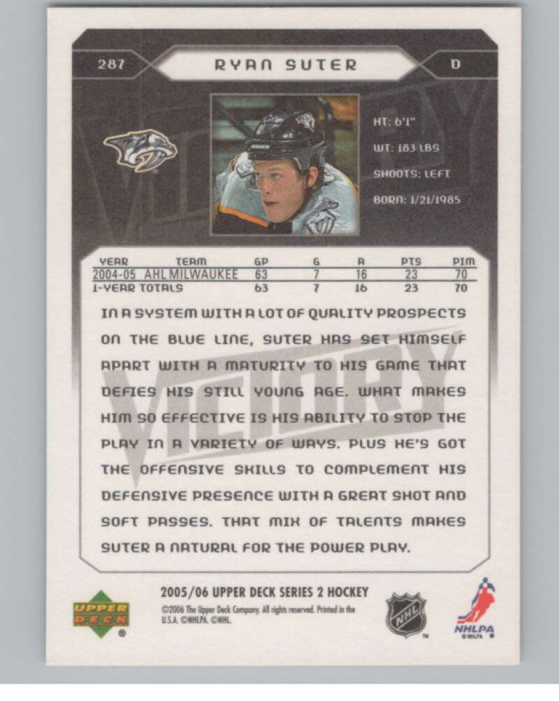 2005-06 Upper Deck Victory #287 Ryan Suter  RC Rookie Nashville  V102582 Image 2