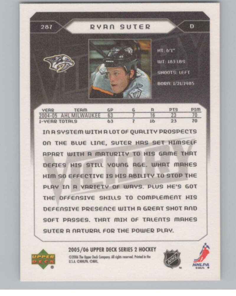 2005-06 Upper Deck Victory #287 Ryan Suter  RC Rookie Nashville  V102583 Image 2