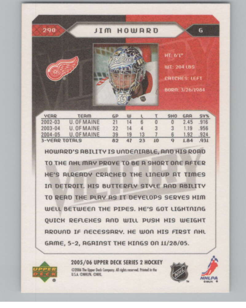 2005-06 Upper Deck Victory #290 Jim Howard  RC Rookie Detroit Red Wings  V102587 Image 2