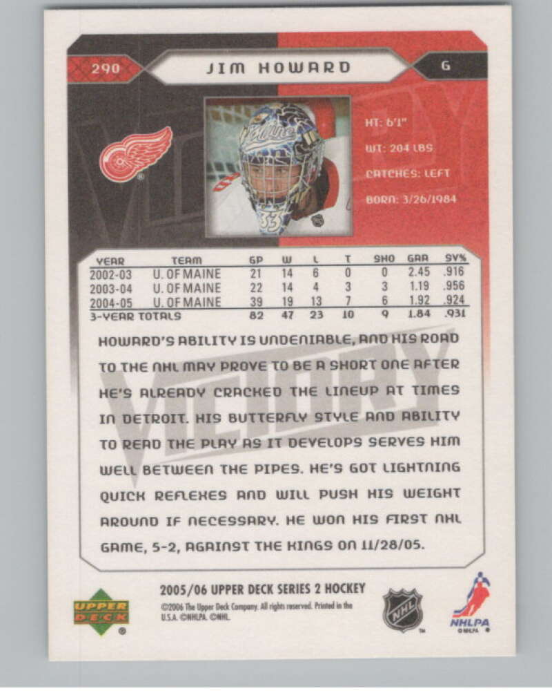 2005-06 Upper Deck Victory #290 Jim Howard  RC Rookie Detroit Red Wings  V102588 Image 2