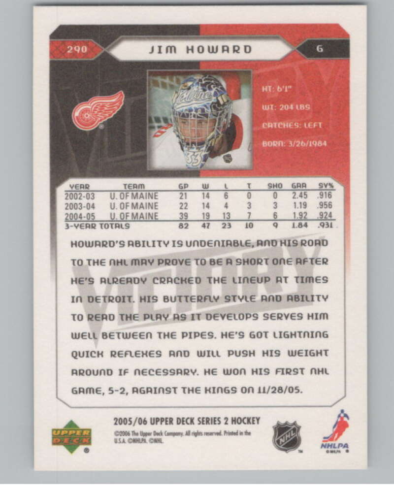2005-06 Upper Deck Victory #290 Jim Howard  RC Rookie Detroit Red Wings  V102589 Image 2