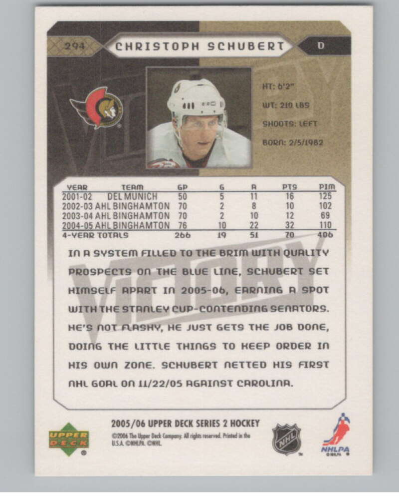 2005-06 Upper Deck Victory #294 Christoph Schubert RC Rookie Senators  V102594 Image 2