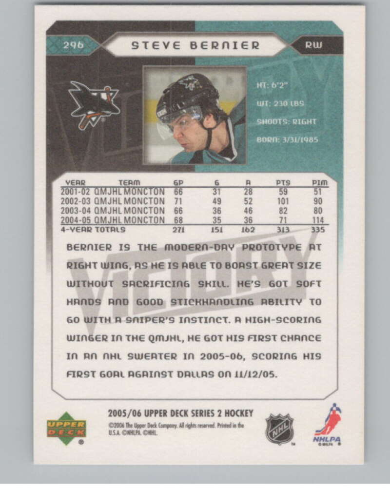 2005-06 Upper Deck Victory #296 Steve Bernier  RC Rookie San Jose Sharks  V102598 Image 2