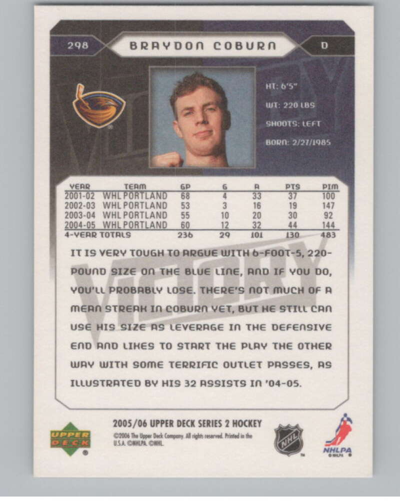 2005-06 Upper Deck Victory #298 Braydon Coburn RC Rookie Thrashers  V102604 Image 2