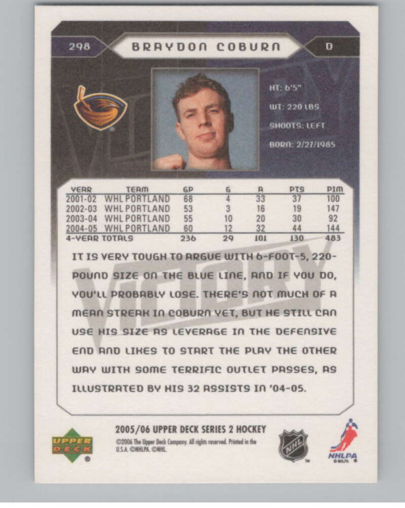 2005-06 Upper Deck Victory #298 Braydon Coburn RC Rookie Thrashers  V102605 Image 2