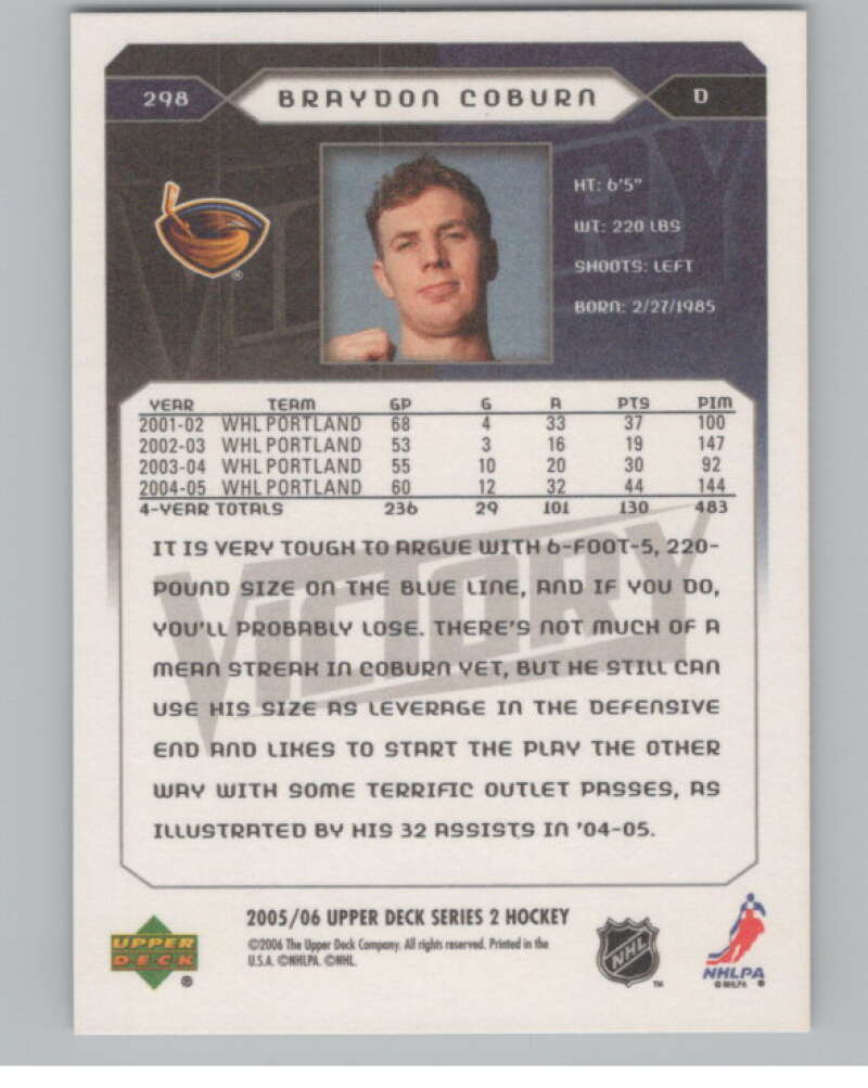 2005-06 Upper Deck Victory #298 Braydon Coburn RC Rookie Thrashers  V102606 Image 2
