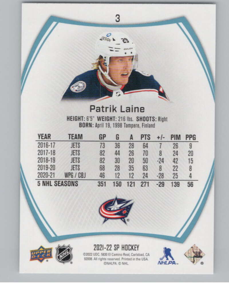 2021-22 SP Blue #3 Patrik Laine  Columbus Blue Jackets  V102613 Image 2
