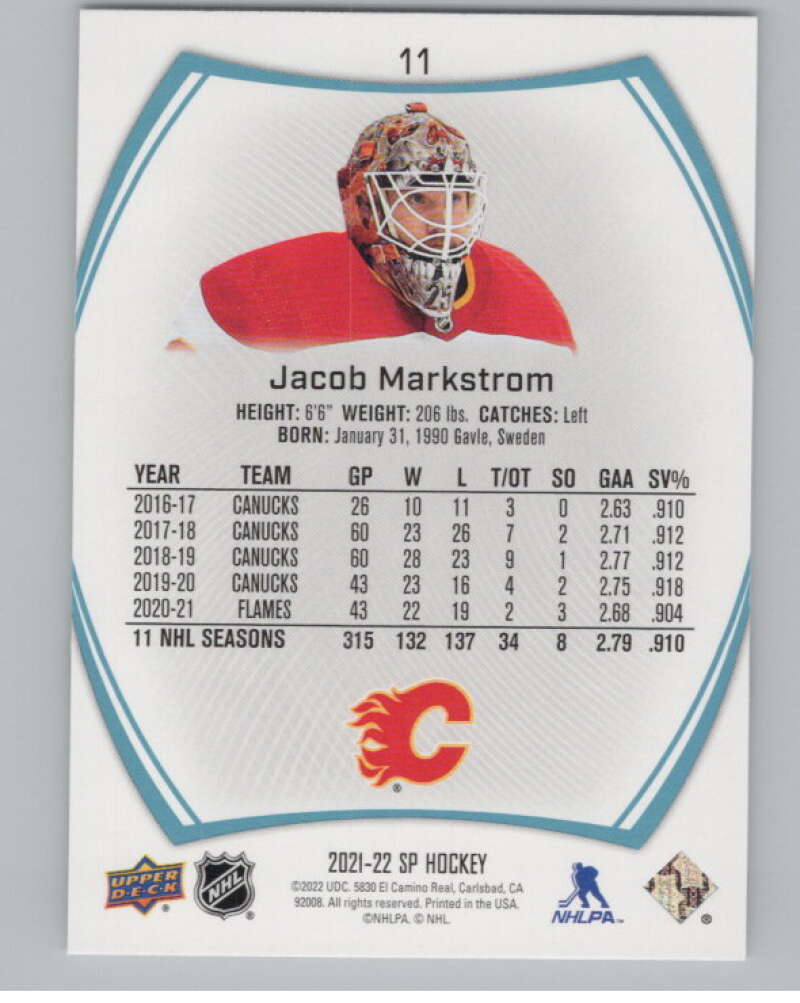 2021-22 SP Blue #11 Jacob Markstrom  Calgary Flames  V102614 Image 2