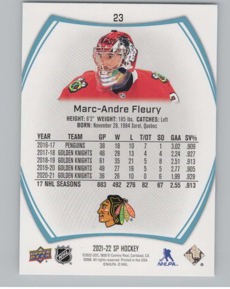 2021-22 SP Blue #23 Marc-Andre Fleury  Chicago Blackhawks  V102616 Image 2