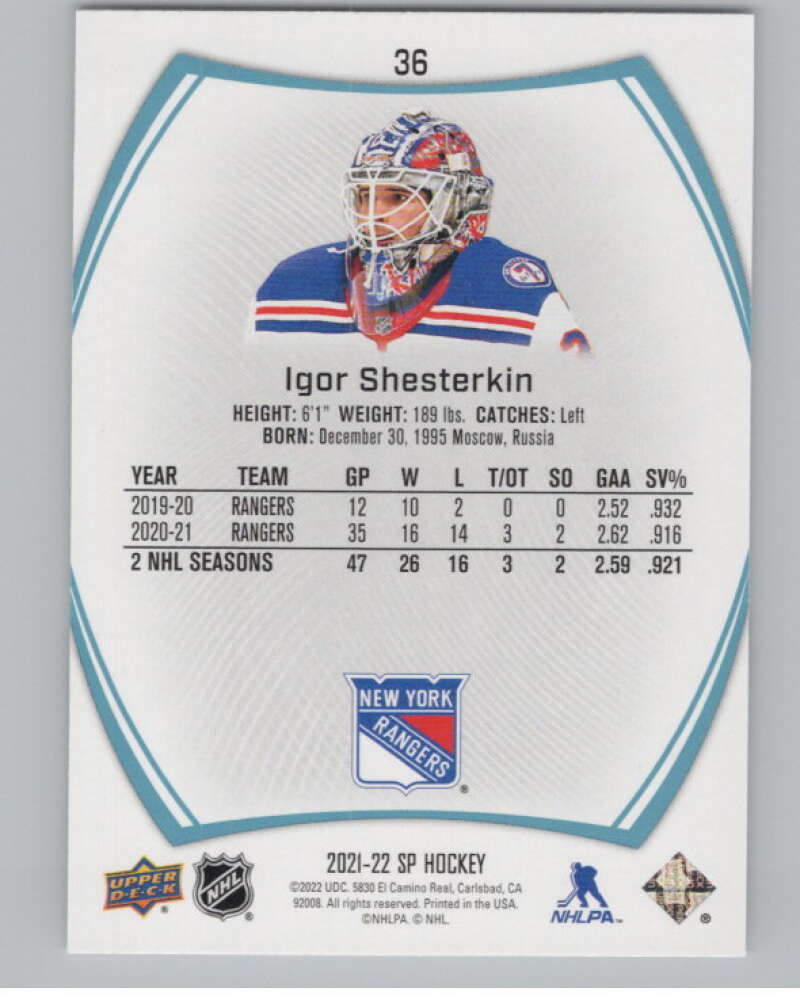 2021-22 SP Blue #36 Igor Shesterkin  New York Rangers  V102618 Image 2