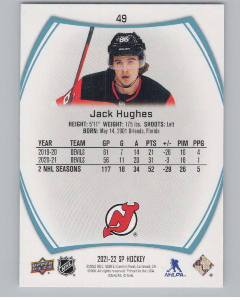 2021-22 SP Blue #49 Jack Hughes  New Jersey Devils  V102619 Image 2