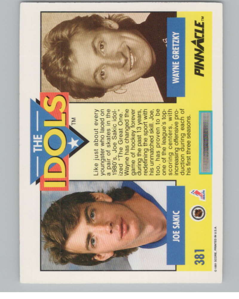 1991-92 Pinnacle #381 Joe Sakic/Wayne Gretzky  Quebec Nordiques  V102636 Image 2