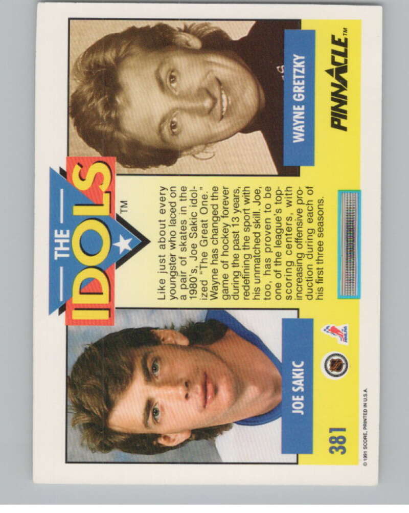 1991-92 Pinnacle #381 Joe Sakic/Wayne Gretzky  Quebec Nordiques  V102637 Image 2