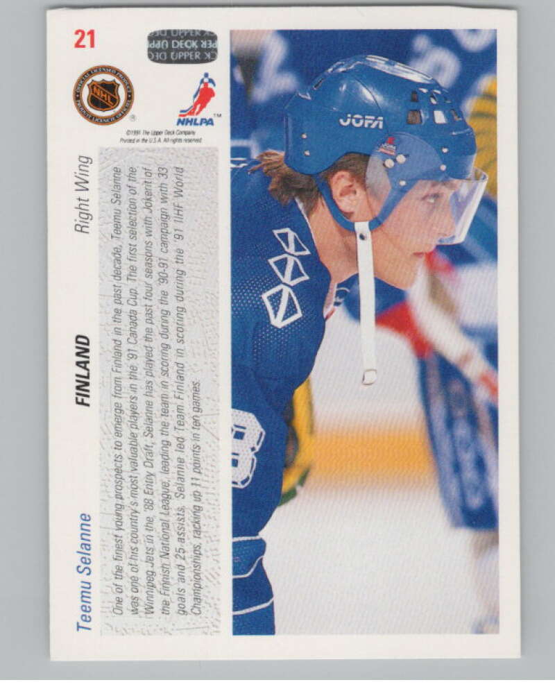 1991-92 Upper Deck #21 Teemu Selanne  RC Rookie  V102662 Image 2
