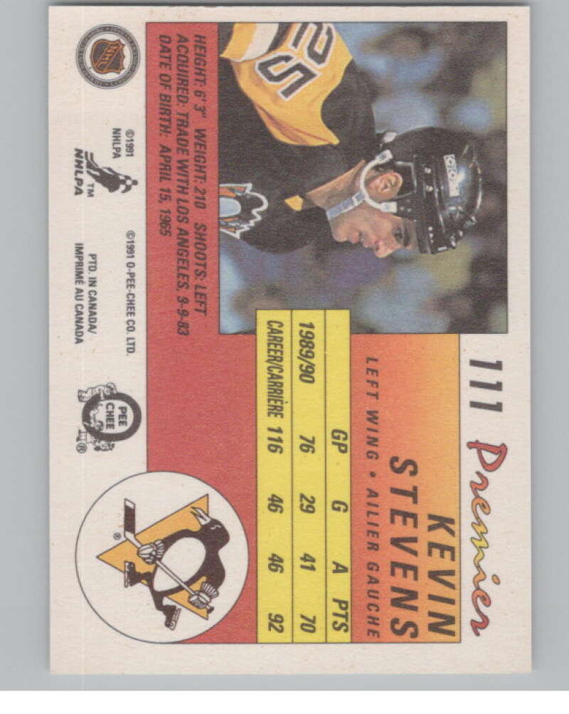1990-91 OPC Premier #111 Kevin Stevens  RC Rookie Pittsburgh Penguins  V102674 Image 2