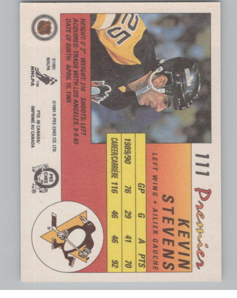 1990-91 OPC Premier #111 Kevin Stevens  RC Rookie Pittsburgh Penguins  V102676 Image 2