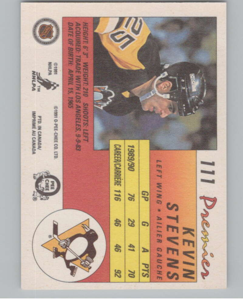 1990-91 OPC Premier #111 Kevin Stevens  RC Rookie Pittsburgh Penguins  V102678 Image 2