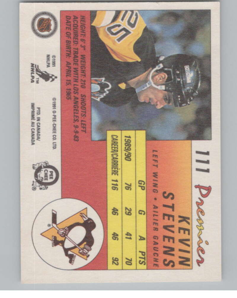 1990-91 OPC Premier #111 Kevin Stevens  RC Rookie Pittsburgh Penguins  V102679 Image 2