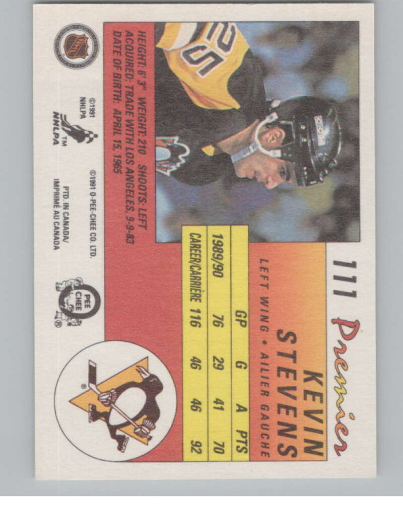 1990-91 OPC Premier #111 Kevin Stevens  RC Rookie Pittsburgh Penguins  V102682 Image 2