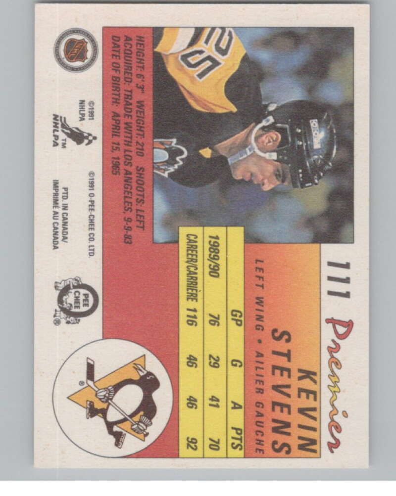 1990-91 OPC Premier #111 Kevin Stevens  RC Rookie Pittsburgh Penguins  V102683 Image 2