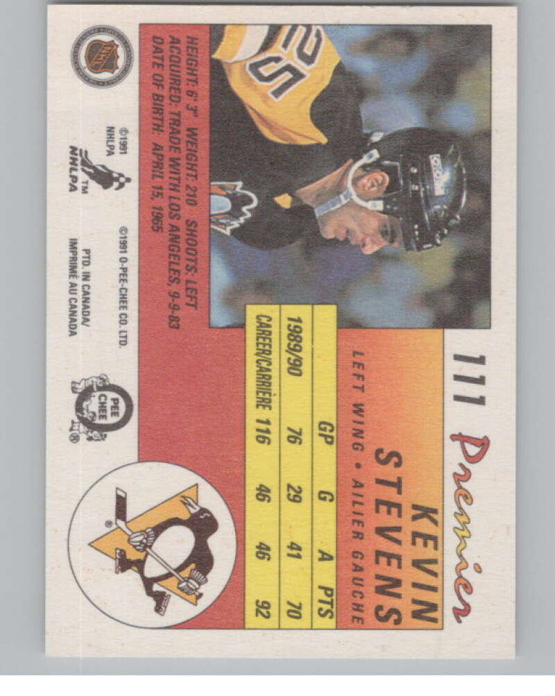 1990-91 OPC Premier #111 Kevin Stevens  RC Rookie Pittsburgh Penguins  V102685 Image 2