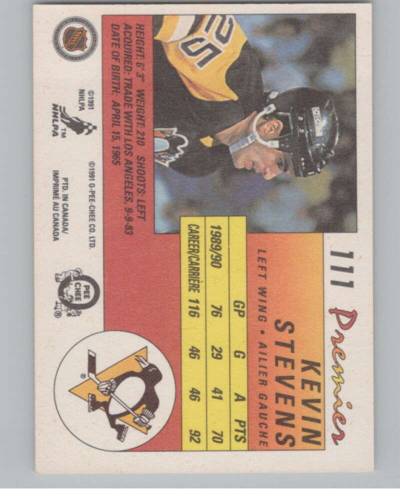 1990-91 OPC Premier #111 Kevin Stevens  RC Rookie Pittsburgh Penguins  V102693 Image 2