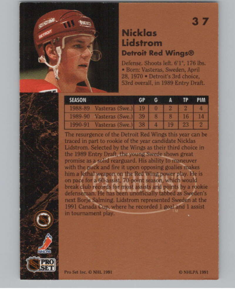 1991-92 Parkhurst #37 Nicklas Lidstrom  RC Rookie Detroit Red Wings  V102696 Image 2