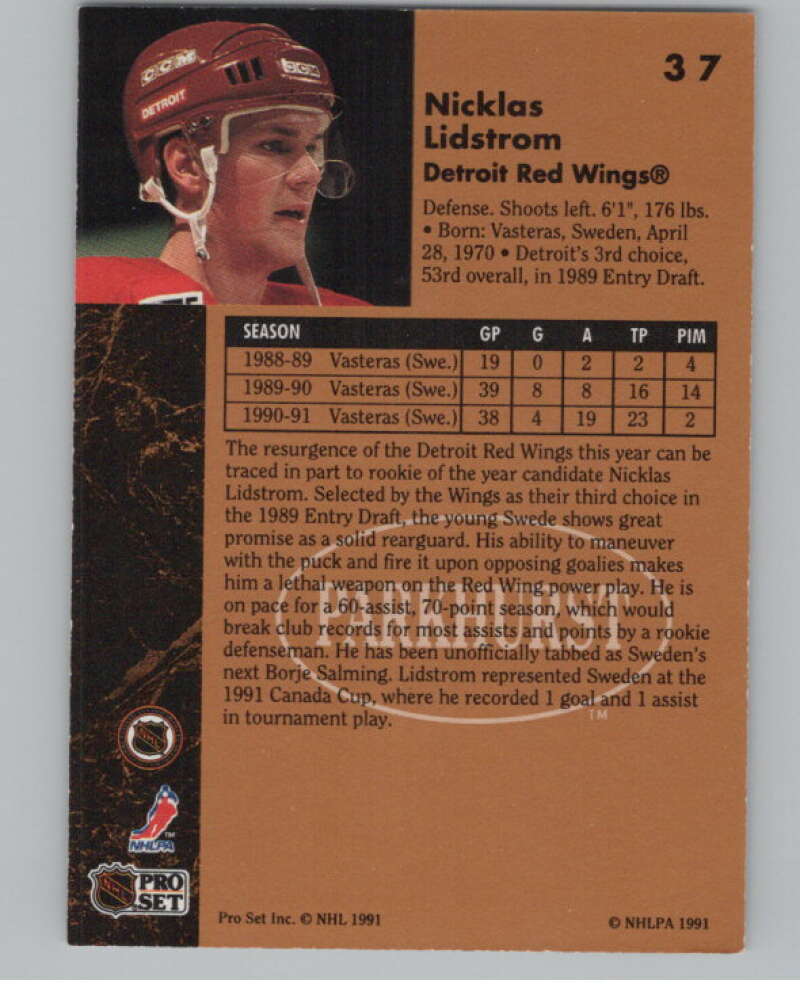 1991-92 Parkhurst #37 Nicklas Lidstrom  RC Rookie Detroit Red Wings  V102697 Image 2