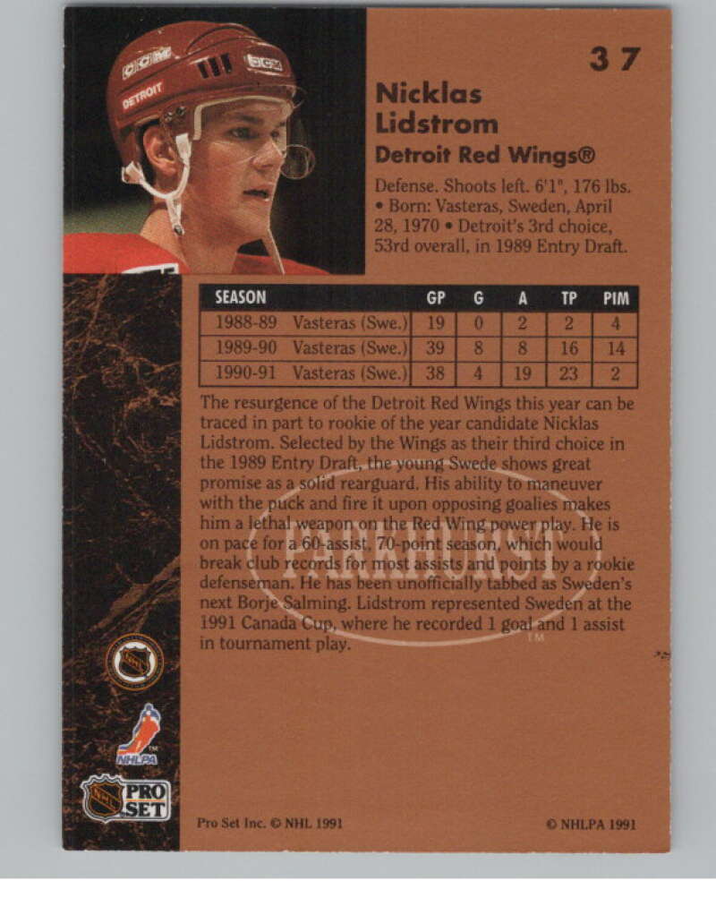 1991-92 Parkhurst #37 Nicklas Lidstrom  RC Rookie Detroit Red Wings  V102698 Image 2