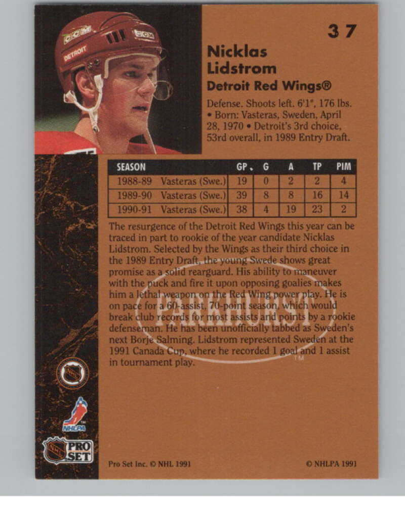 1991-92 Parkhurst #37 Nicklas Lidstrom  RC Rookie Detroit Red Wings  V102699 Image 2