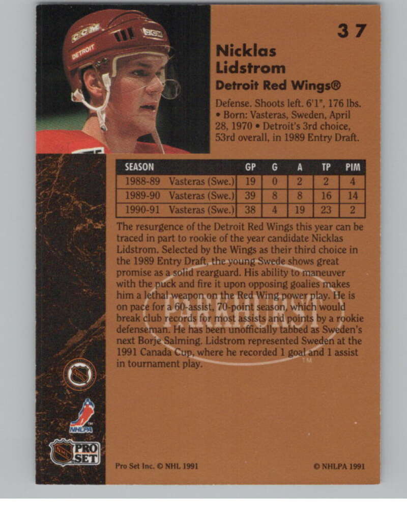 1991-92 Parkhurst #37 Nicklas Lidstrom  RC Rookie Detroit Red Wings  V102700 Image 2