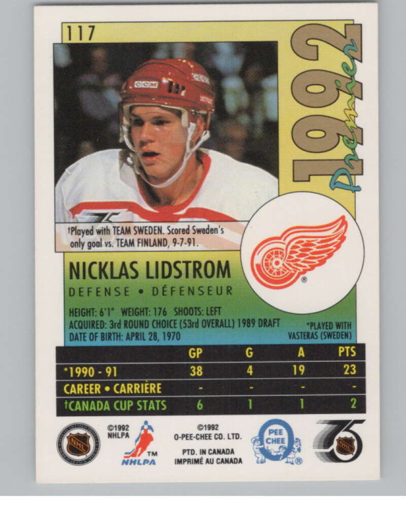 1991-92 OPC Premier #117 Nicklas Lidstrom  RC Rookie Detroit Red Wings  V102701 Image 2